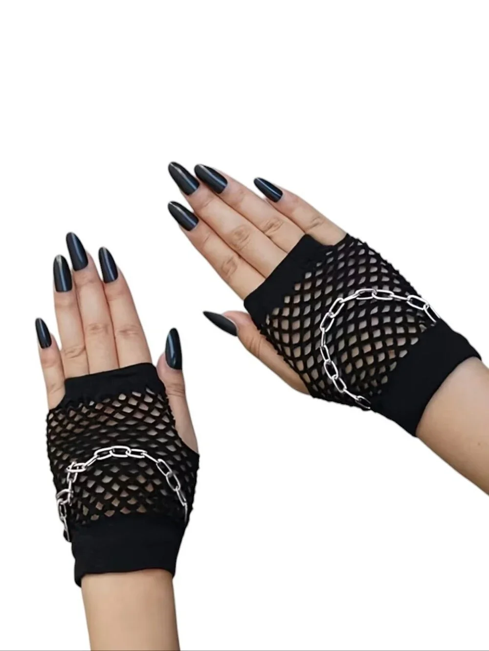 Black Fishnet Fingerless Gloves with Chain Accent